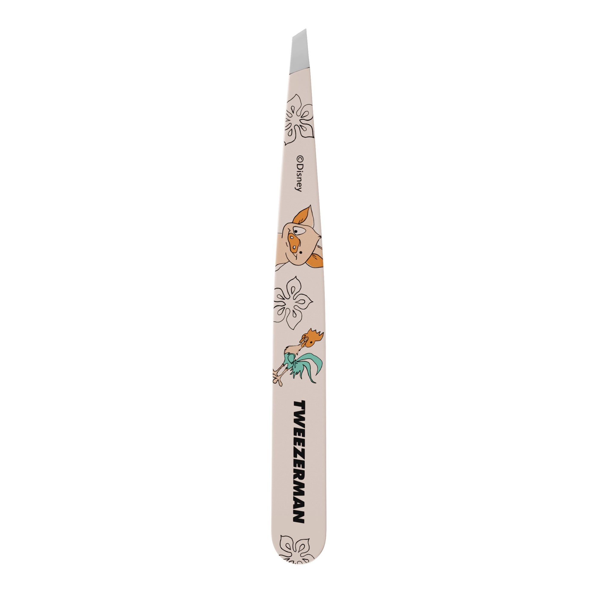 Reverse side of Disney&#39;s Moana Slant Tweezer, tweezer color is white with image of Pua and Heihei