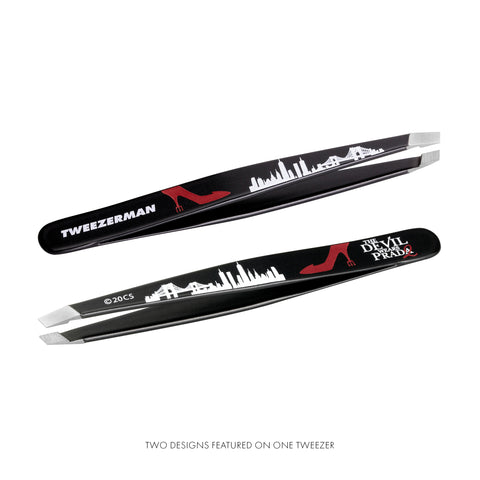 Black Slant Tweezer with the Devil Wears Prada 2 design and logo on it on a white background