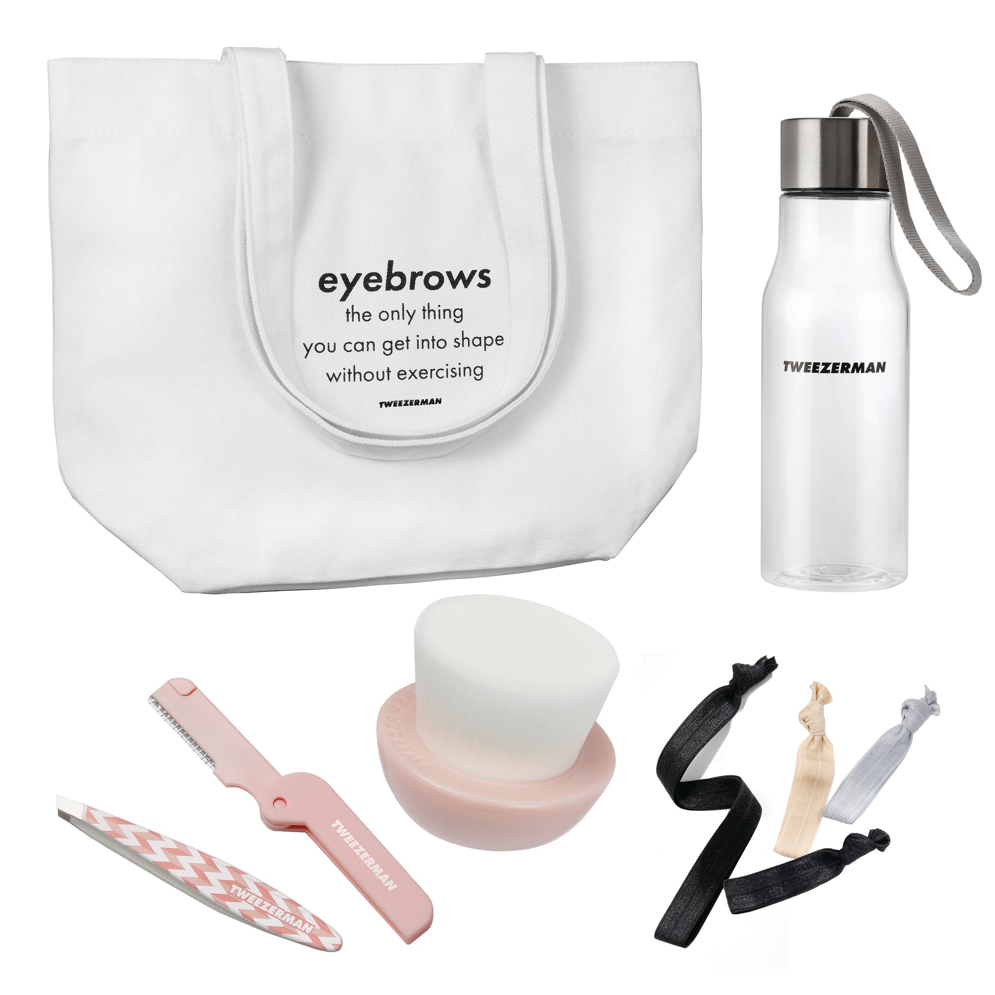 Get That Glow Limited Edition Gift Set featuring White Tote Bag, Drinking Bottle, Pink and White Mini Slant Tweezer, Pink Complexion Cleansing Brush and Mini Folding Precision Rezor.