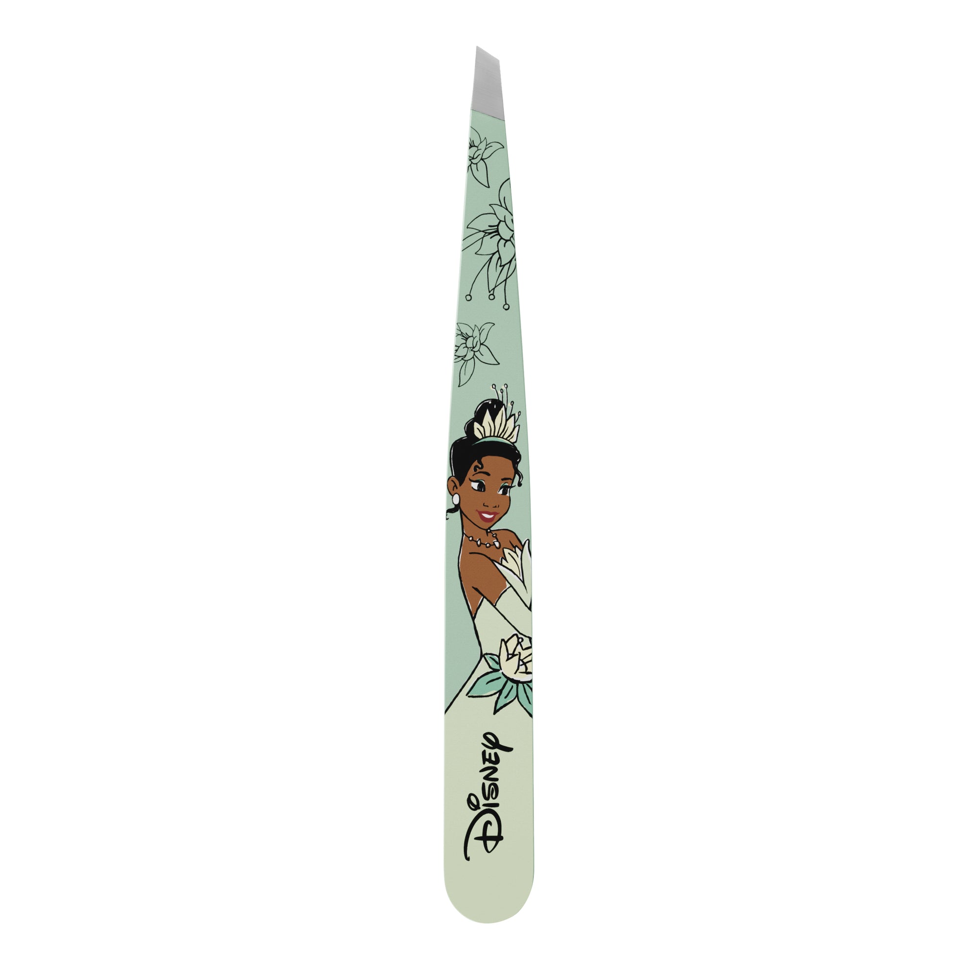 Disney&#39;s Tiana Slant Tweezer, tweezer color is green with image of Tiana