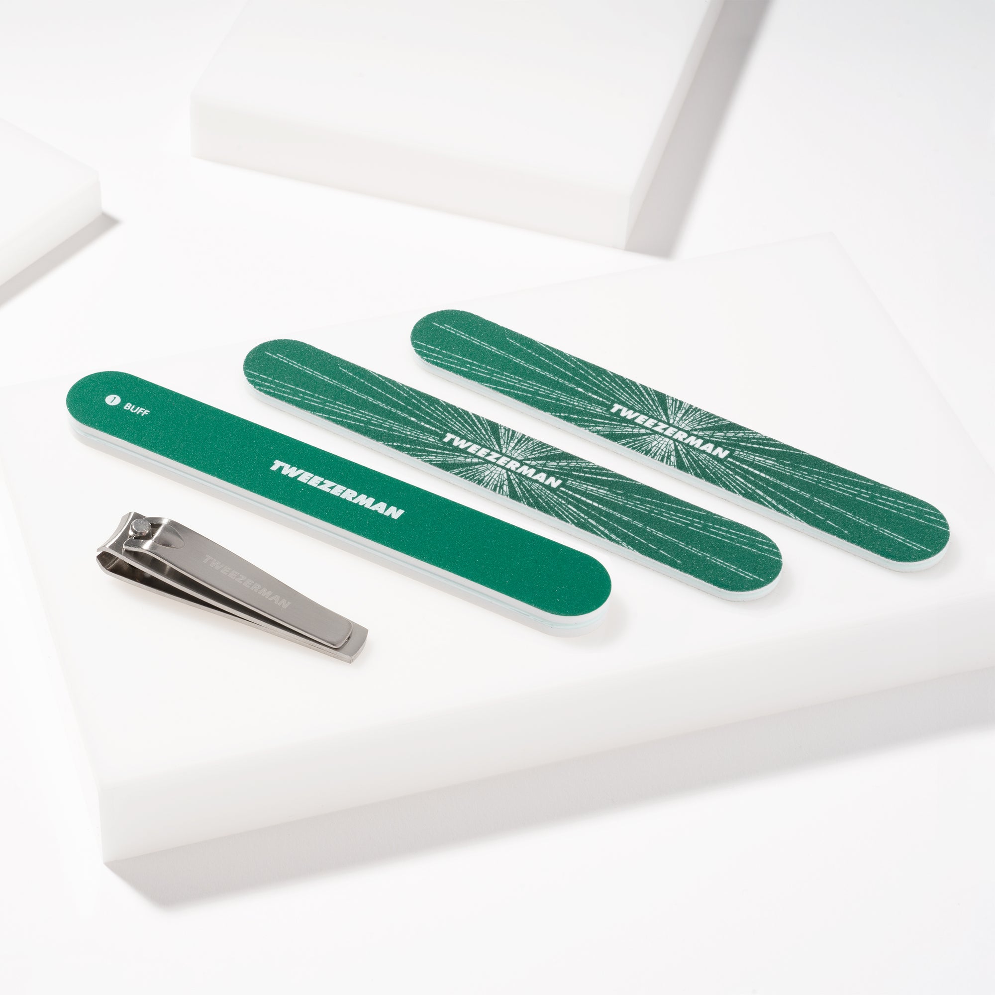 Emerald Green Shimmer nail file, dual-sided buffer and nail clipper