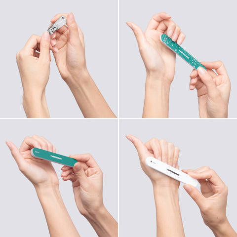 Model using nail clipper, nail file, and nail buffer