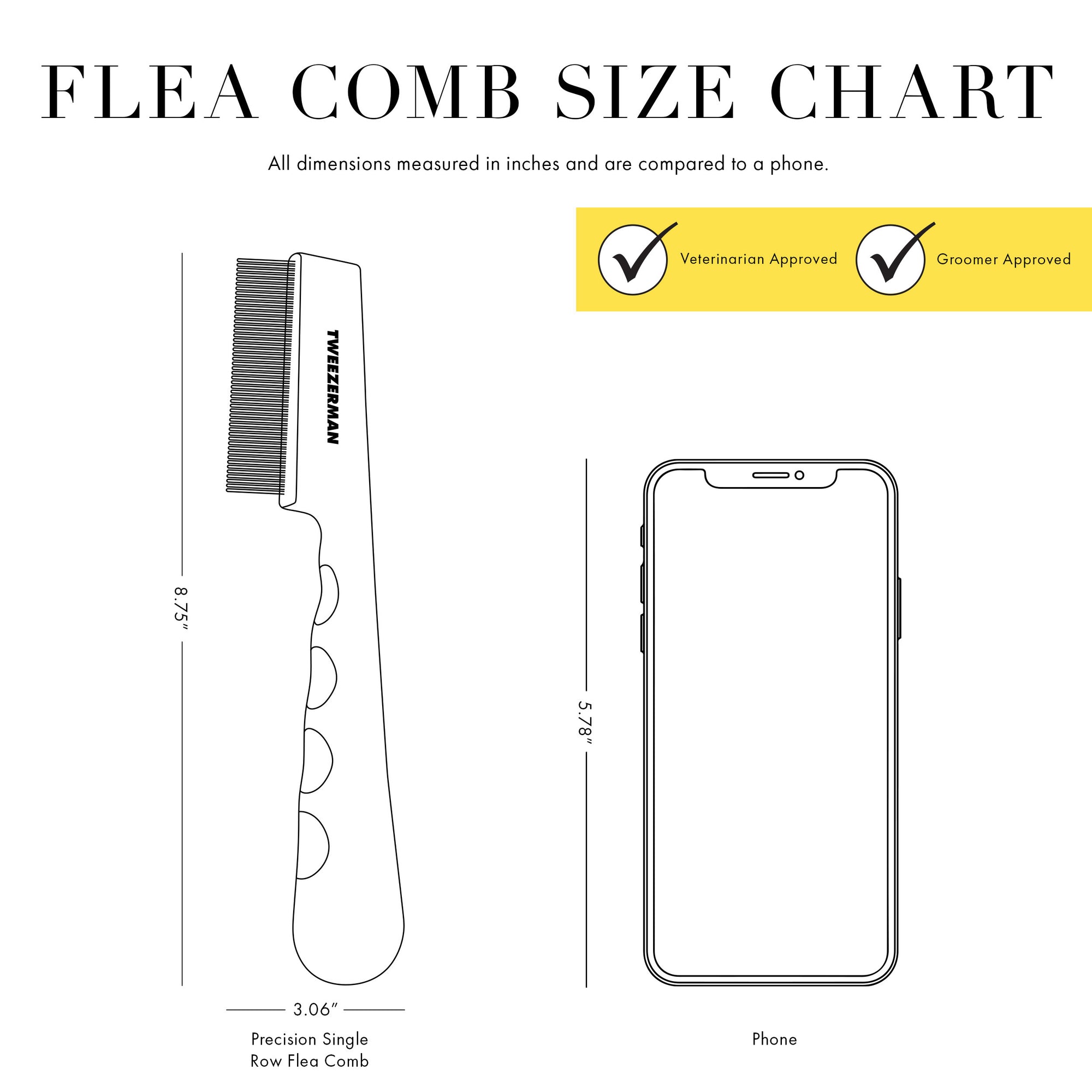 Flea Comb Size Chart: All dimensions are measured in inches and are compared to a phone. Veterinarian Approved. Groomer Approved. Tweezerman Precision Single Row Flea Comb: 8.75" x 3.06" Phone: 5.78"