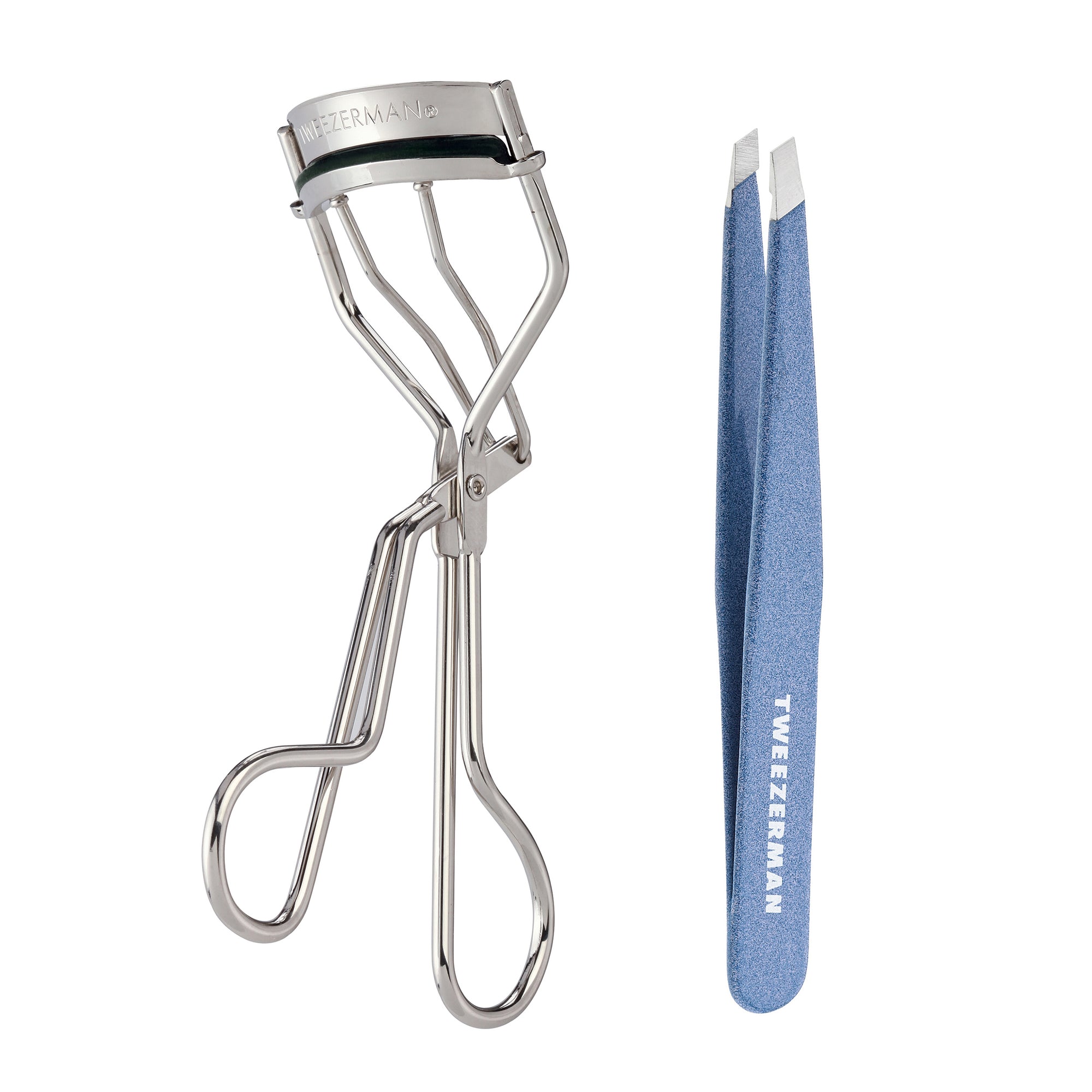 Eyelash Curler and Granite Sky Slant Tweezer on a white background