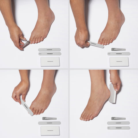 Model using Toenail Clipper with nail file, nail buffer, and pedicure stone on side.