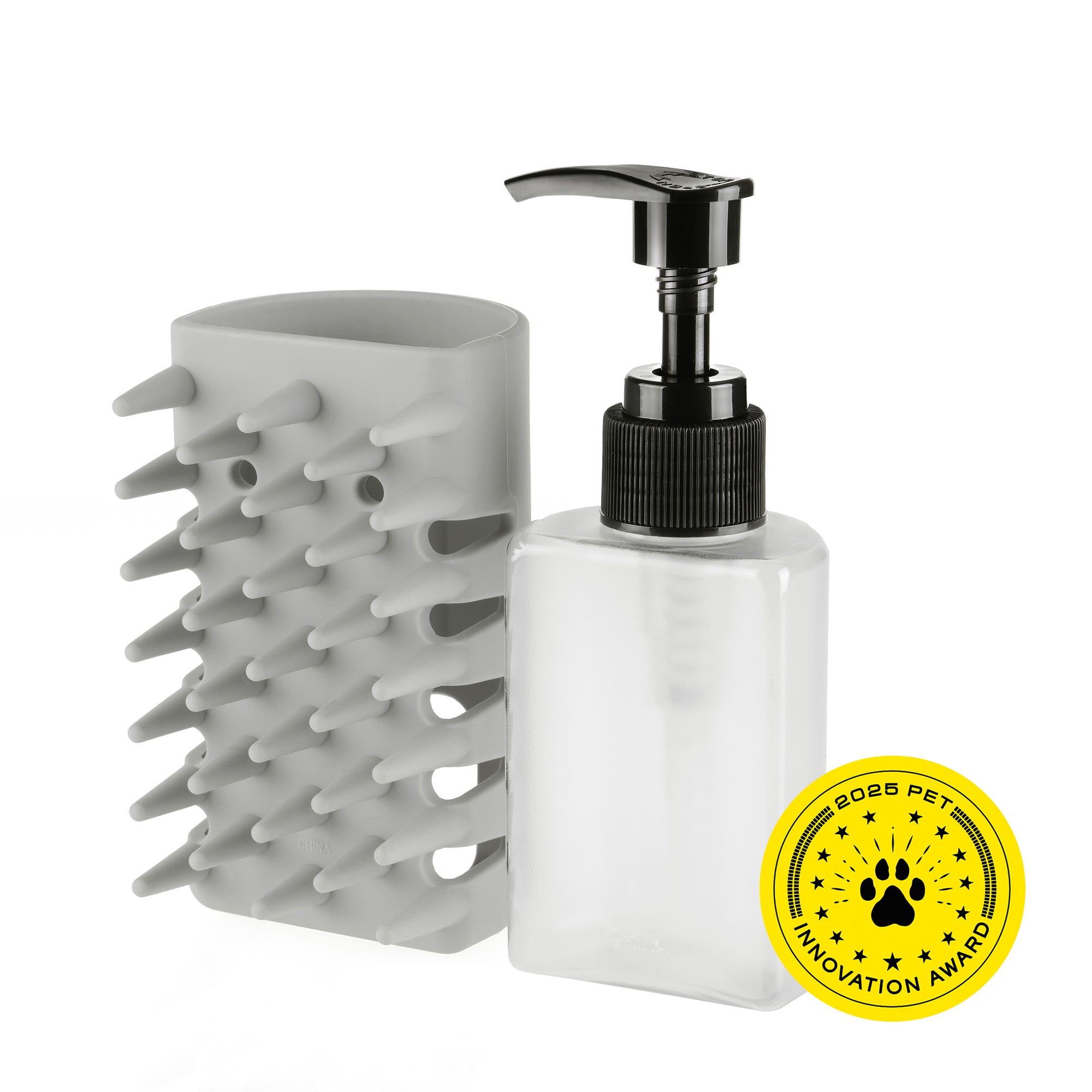 Grey bristle brush sleeve holding refillable bottle with pump top