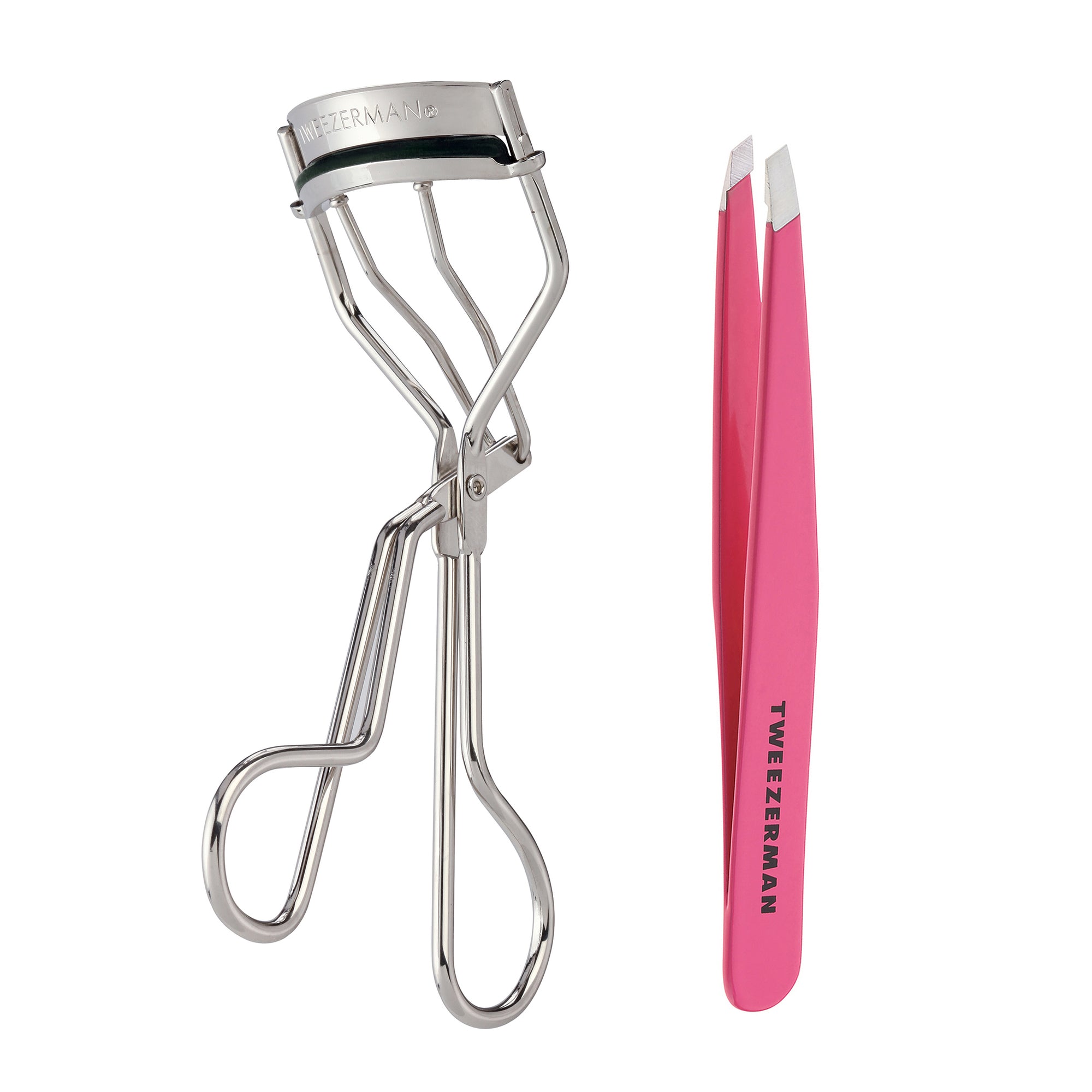 Eyelash Curler and Pink Slant Tweezer on a white background