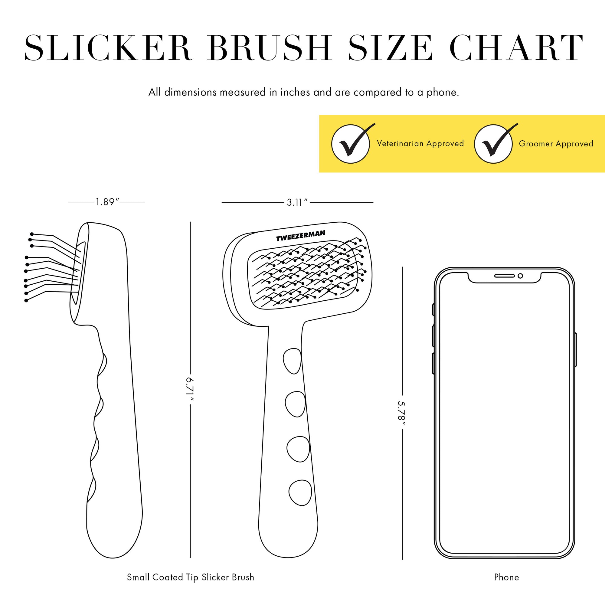 Slicker brush size chart, all dimensions measured in inches and are compared to a phone. Veterinarian and groomer approved. Small coated slicker brush side profile is 1.89&quot; by 6.71&quot;, face front profile of paddle is 3.11&quot; wide, next to phone that is 5.78&quot; in length