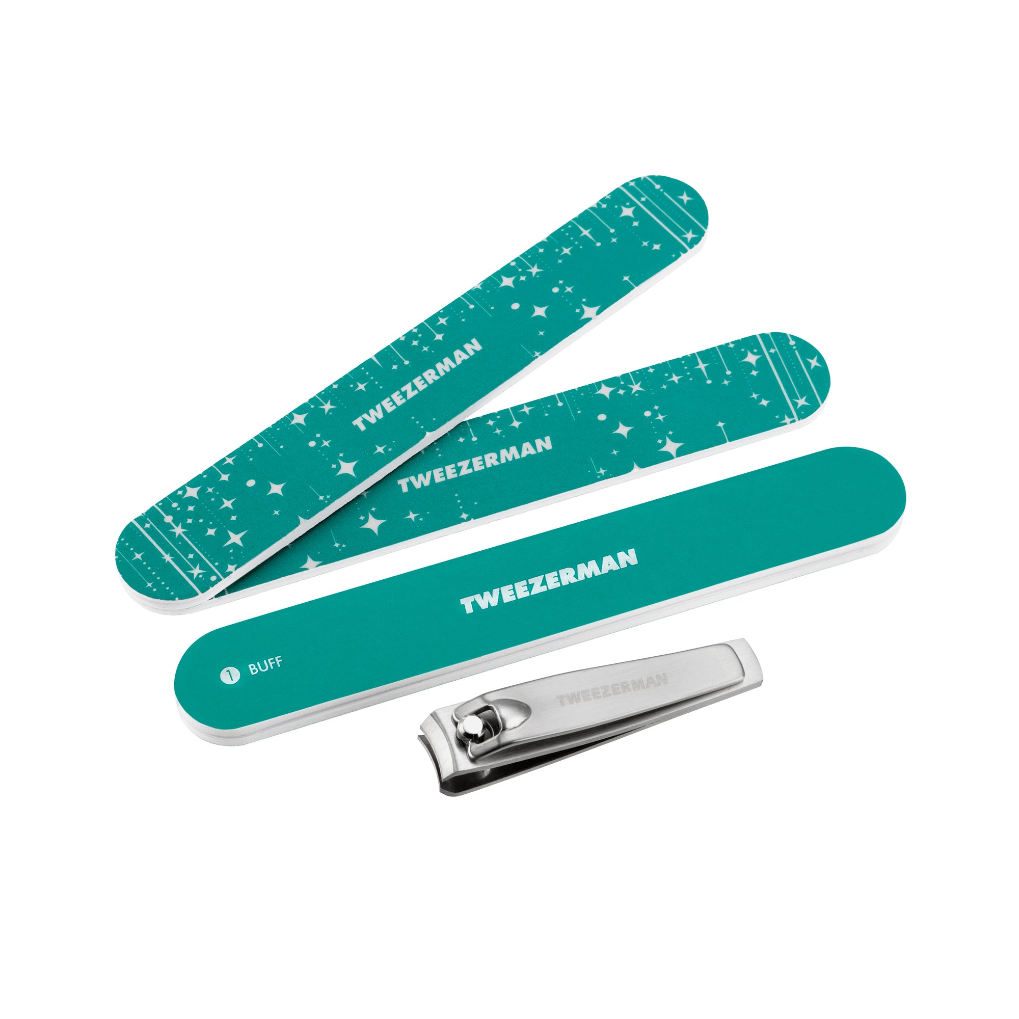 2 Turquoise nail file, turquoise buffer and 1 stainless steel nail clipper