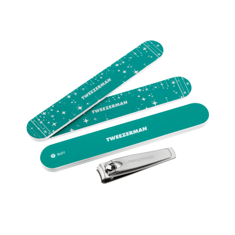 2 Turquoise nail file, turquoise buffer and 1 stainless steel nail clipper