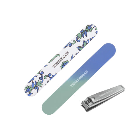 Blue and Green Paisley Manicure Kit including two nail files and Stainless-Steel Nail Clipper