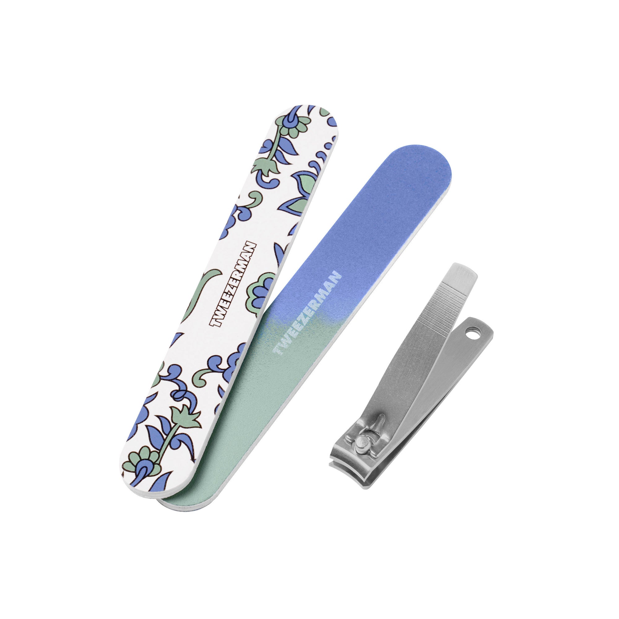 Blue and Green Paisley Manicure Kit including two nail files and Stainless-Steel Nail Clipper with rotating lever