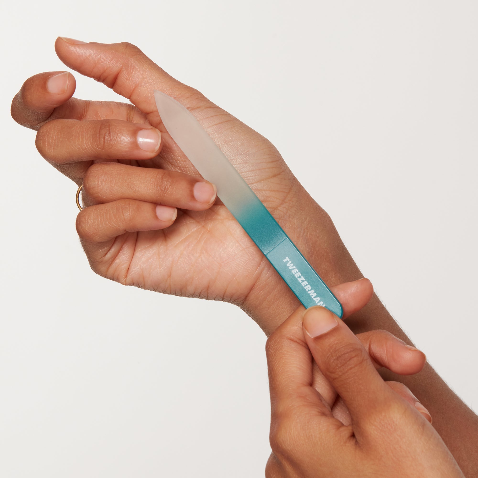 Model using Emerald Shimmer Glass Nail File