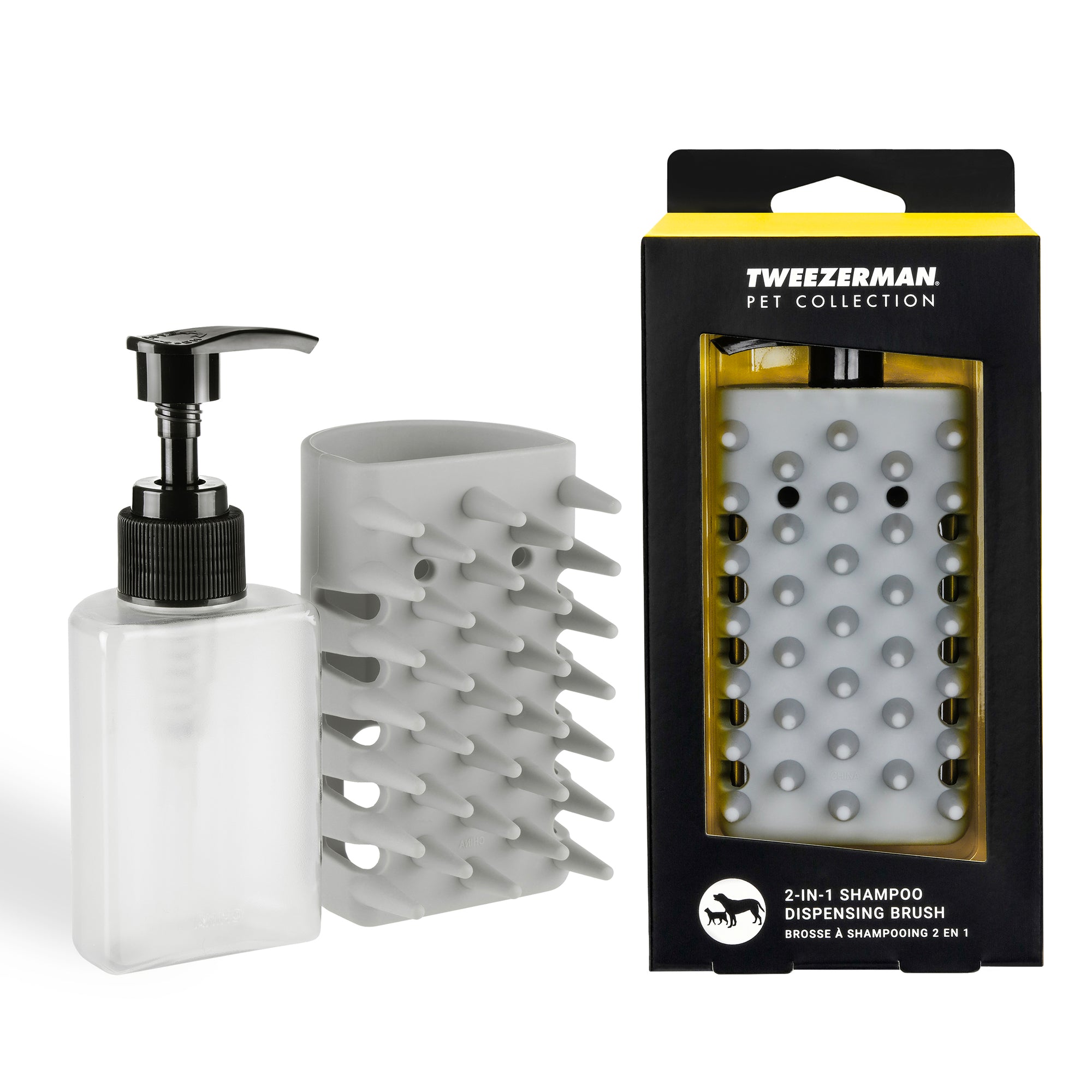 Grey bristle brush sleeve holding refillable bottle with pump top