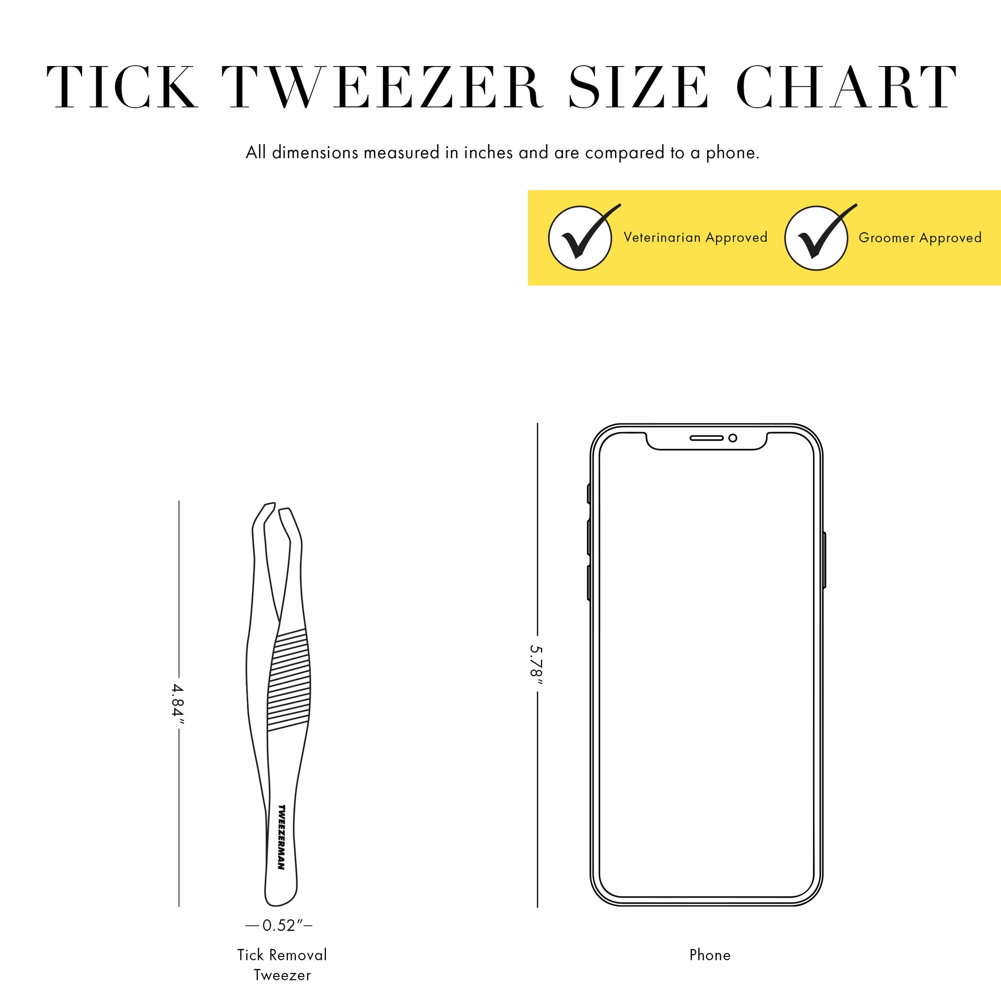 Tick Tweezer Size Chart. All dimensions measured in inches and are compared to a phone. Veterinarian Approved. Groomer Approved. Tick Removal Tweezer 4.84 inches tall. 0.52 inches wide. Phone 5.78 inches tall. 