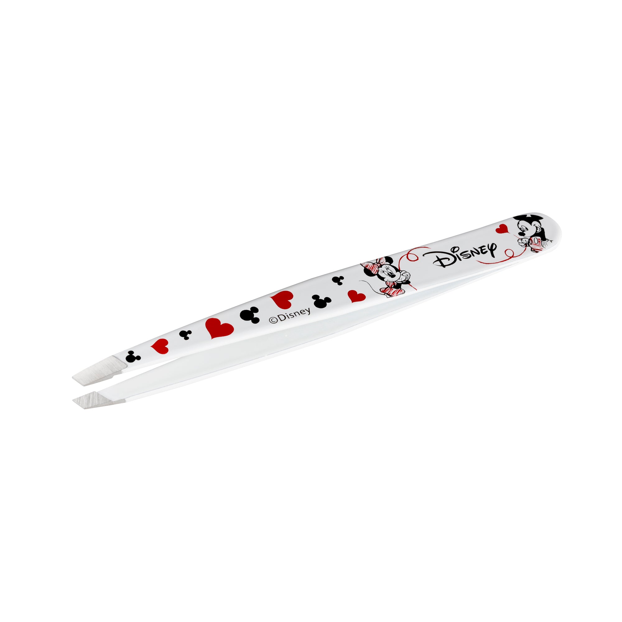 Disney&#39;s Mickey Mouse and Minnie Mouse Slant tweezer with white background and black Mickey mouse heads and red hearts