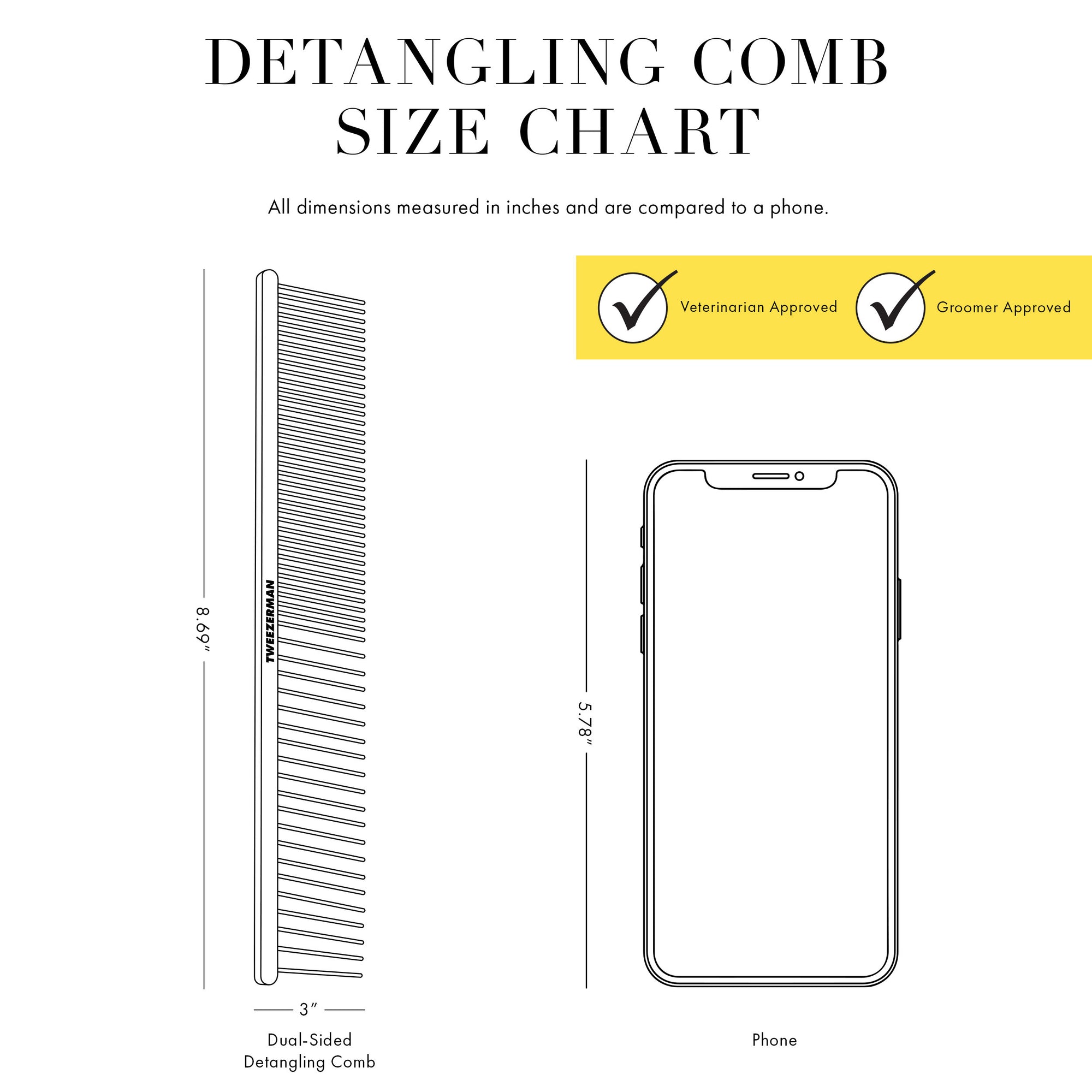 Detangling Comb Size Chart: All dimensions are measured in inches and are compared to a phone. Veterinarian Approved. Groomer Approved. Tweezerman Dual-Sided Detangling Comb: 8.69" x 3" Phone: 5.78"