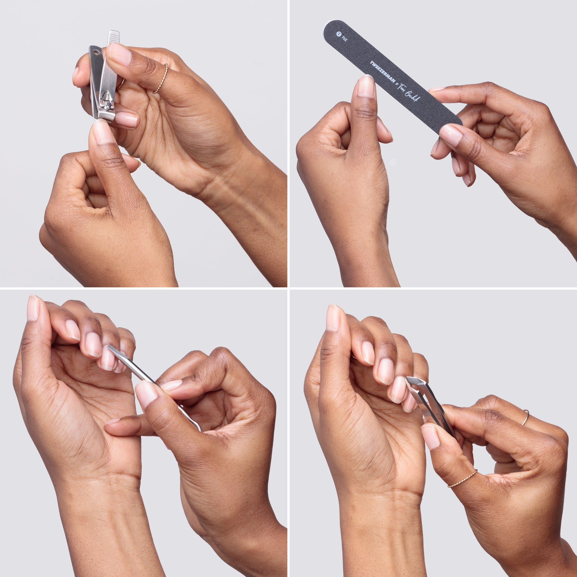 Collage of 4 photos. Model is using stainless steel fingernail clipper, black nail fie, stainless steel cuticle pushy, and stainless steel mini cuticle nipper