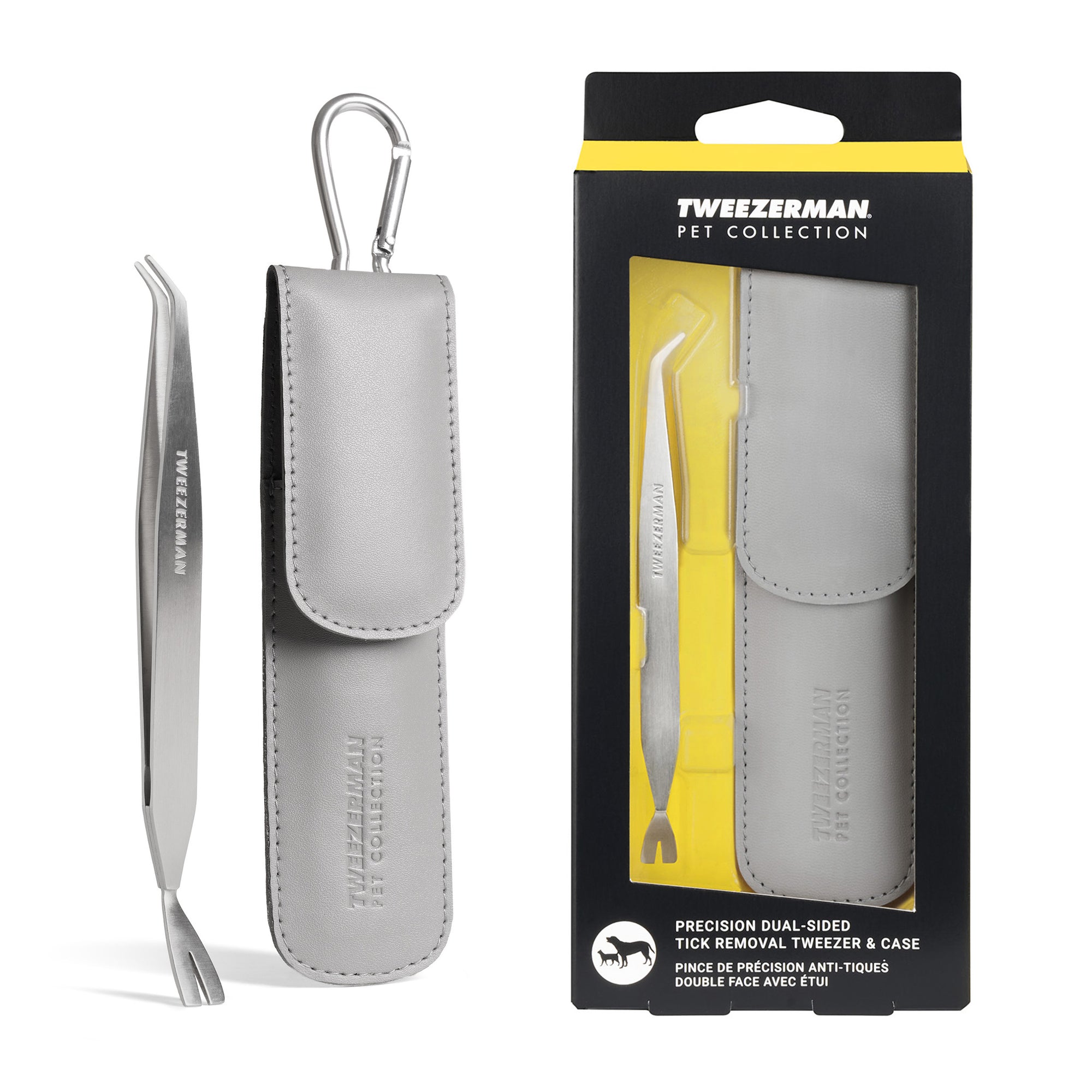 Pet Tick Removal Kit displayed in the package and out of the package next to the case