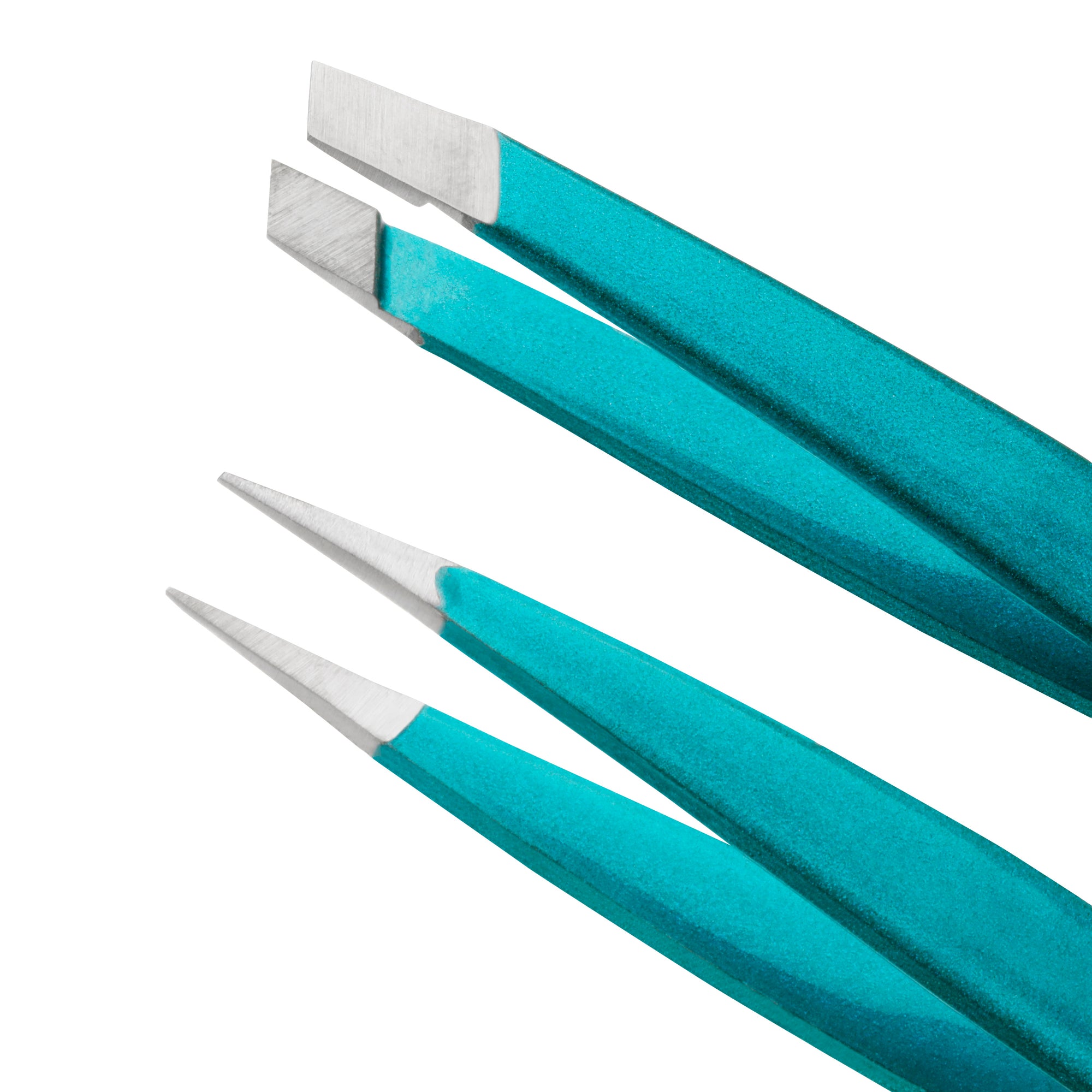 Stainless steel slant tip and point tip on Mini Turquoise Tweezers
