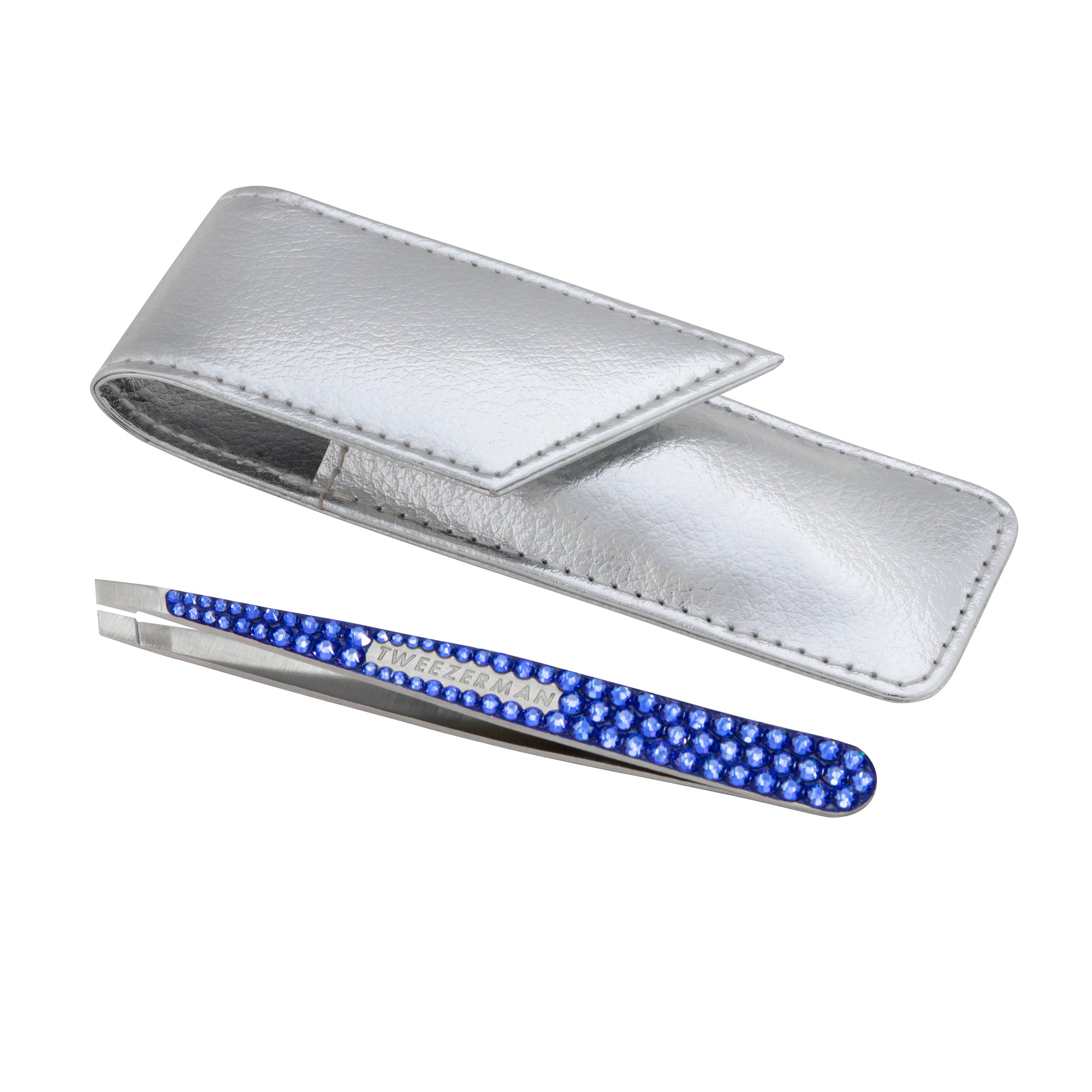 Tweezerman  special edition Blue Sapphire Swarovski Crystal Slant Tweezer and silver case. 