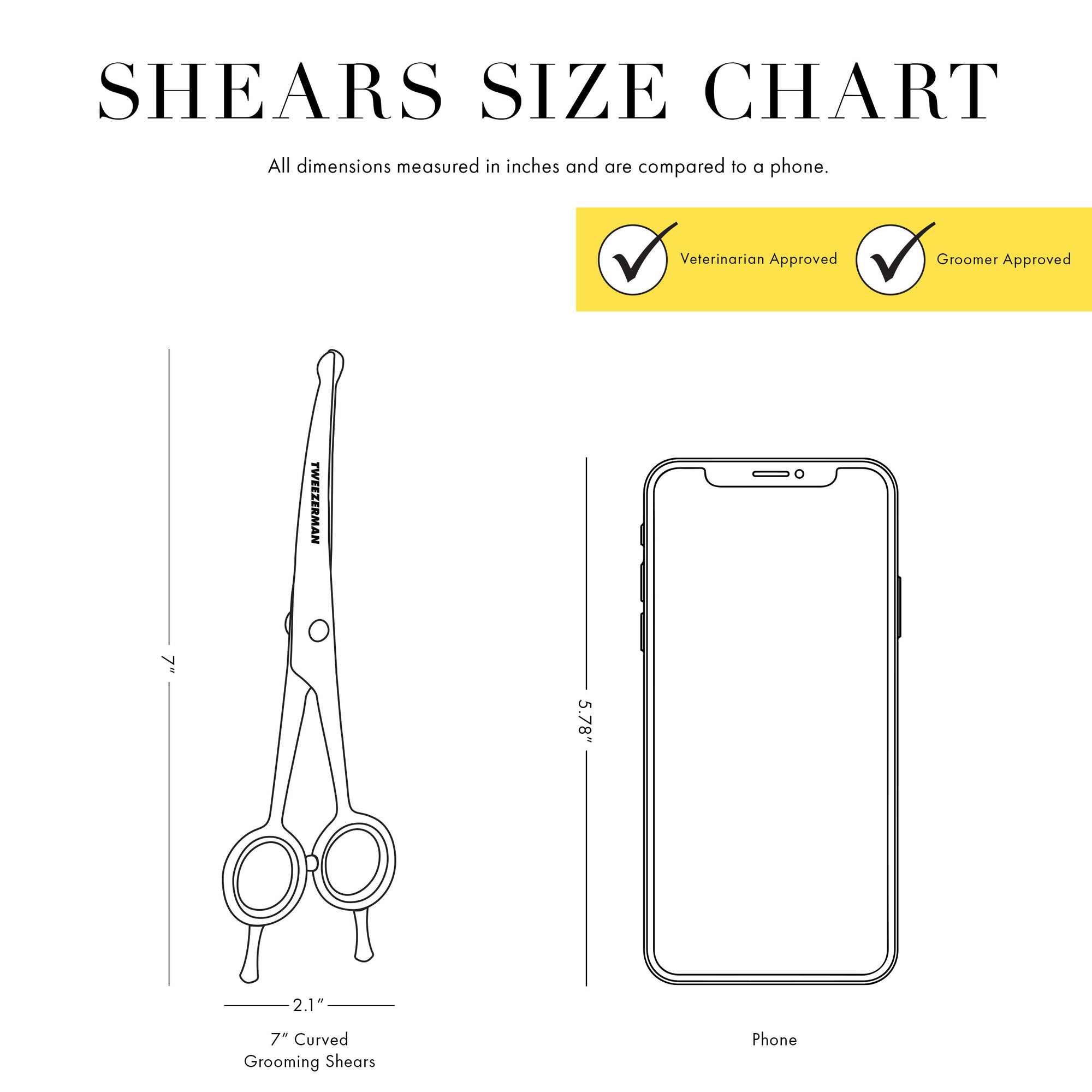 Find the perfect tool size chart. Chart shows small pets under 29 lbs. recommended to use the 7-inch shears.  Large pets over 30 lbs. recommended to use the 7-inch shears for face and paws and the 9-inch shears.
