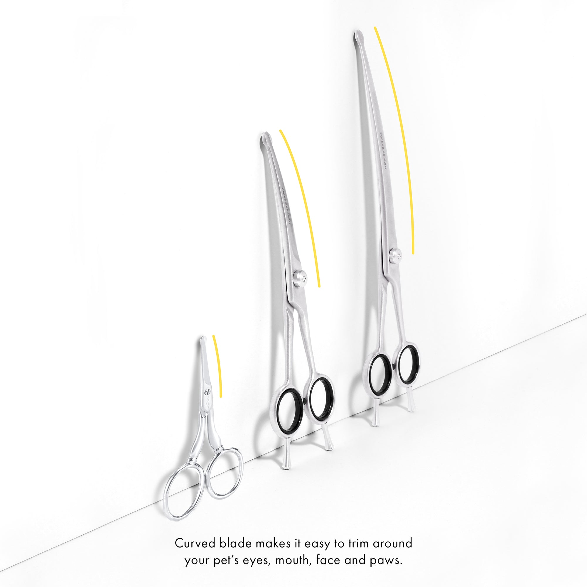 Curved stainless steel blades make it easy to trim around your pets eyes, mouth and face and paws