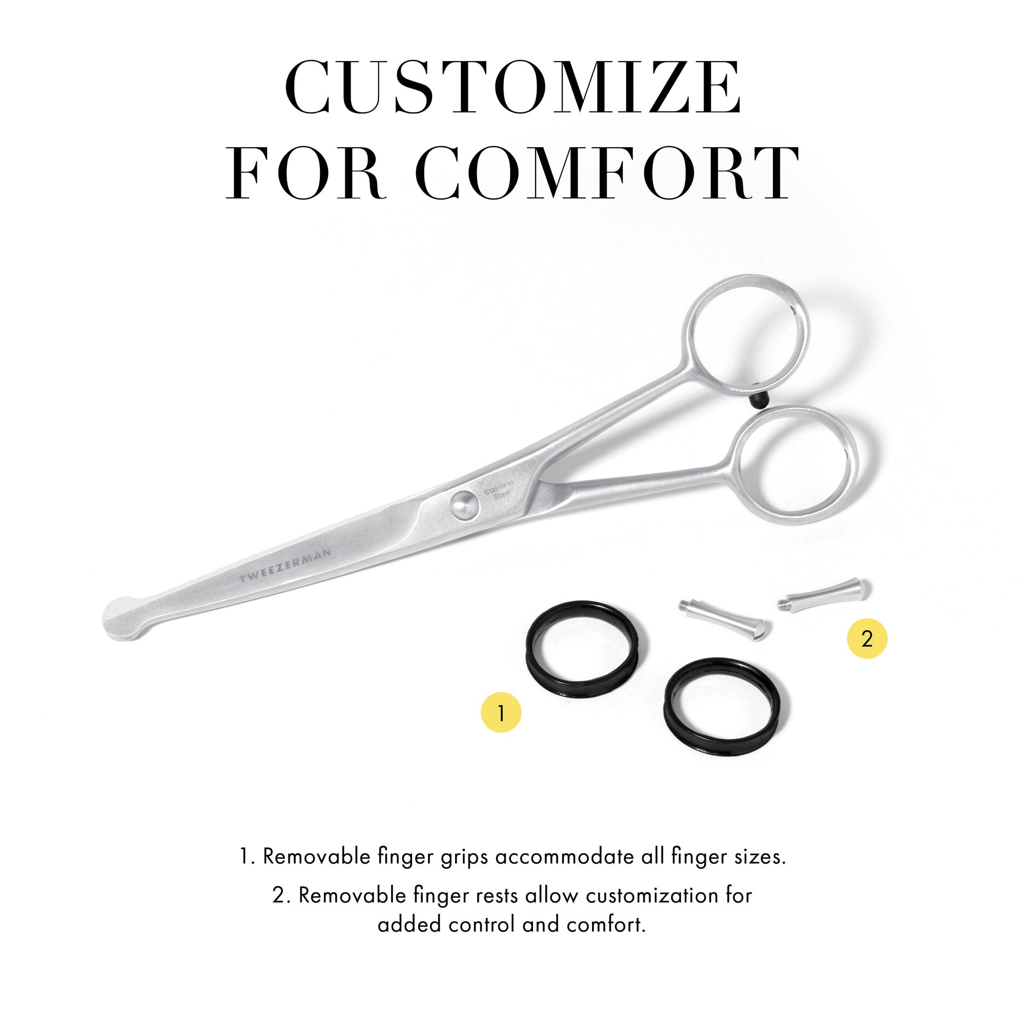 Customized for comfort 1. Removable finger grips accommodate all finger sizes. 2. removable finger rests allow customization for added control and comfort. 