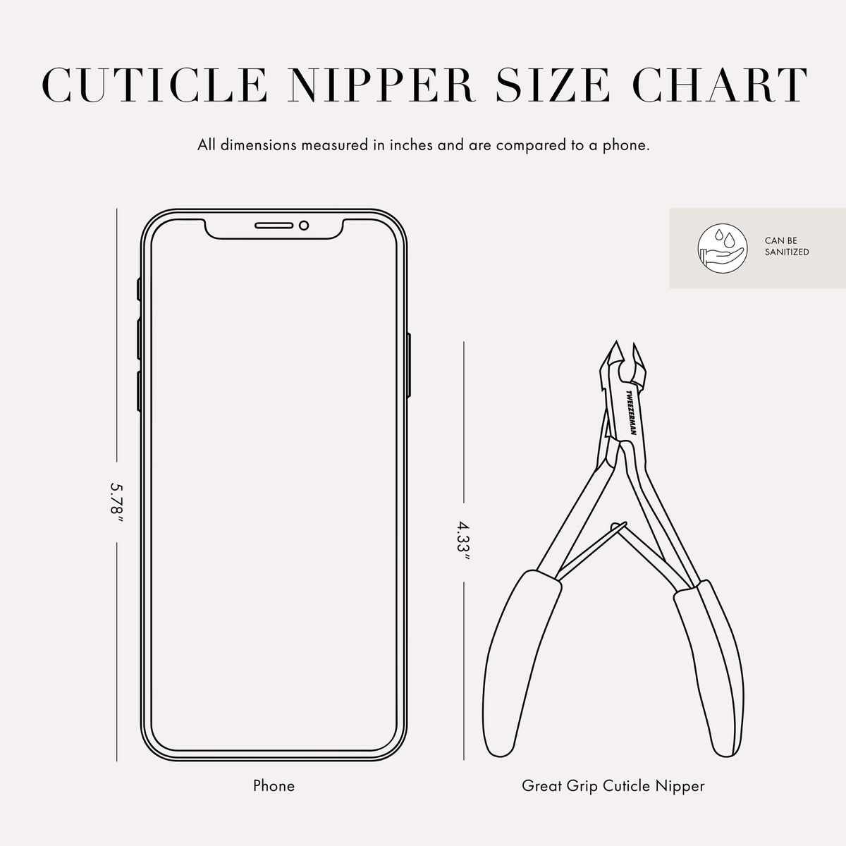 Cuticle Nipper Size Chart: All dimensions measured in inches and are compared to a phone. Phone size is 5.78 inches. Great Grip Cuticle Nipper is 4.33 inches. Can be sanitized.
