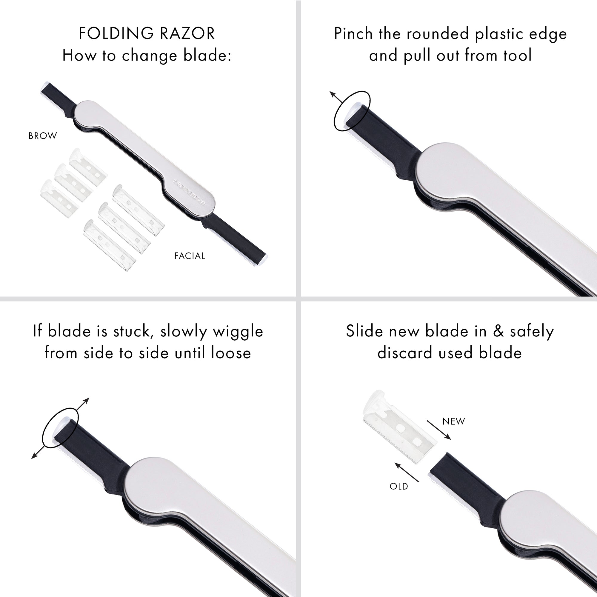 Folding Razor who to change blade: Punch the rounded plastic edge and pull out from tool. If blade is stuck, slowly wiggle from side to side until loose. Slide new blade in and safely discard used blade.