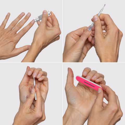 Model holding the MINI NAIL RESCUE KIT: the stainless steel Nail Clipper, the Mini Pushy & Nail Cleaner,  the Mini Neon Nail File.