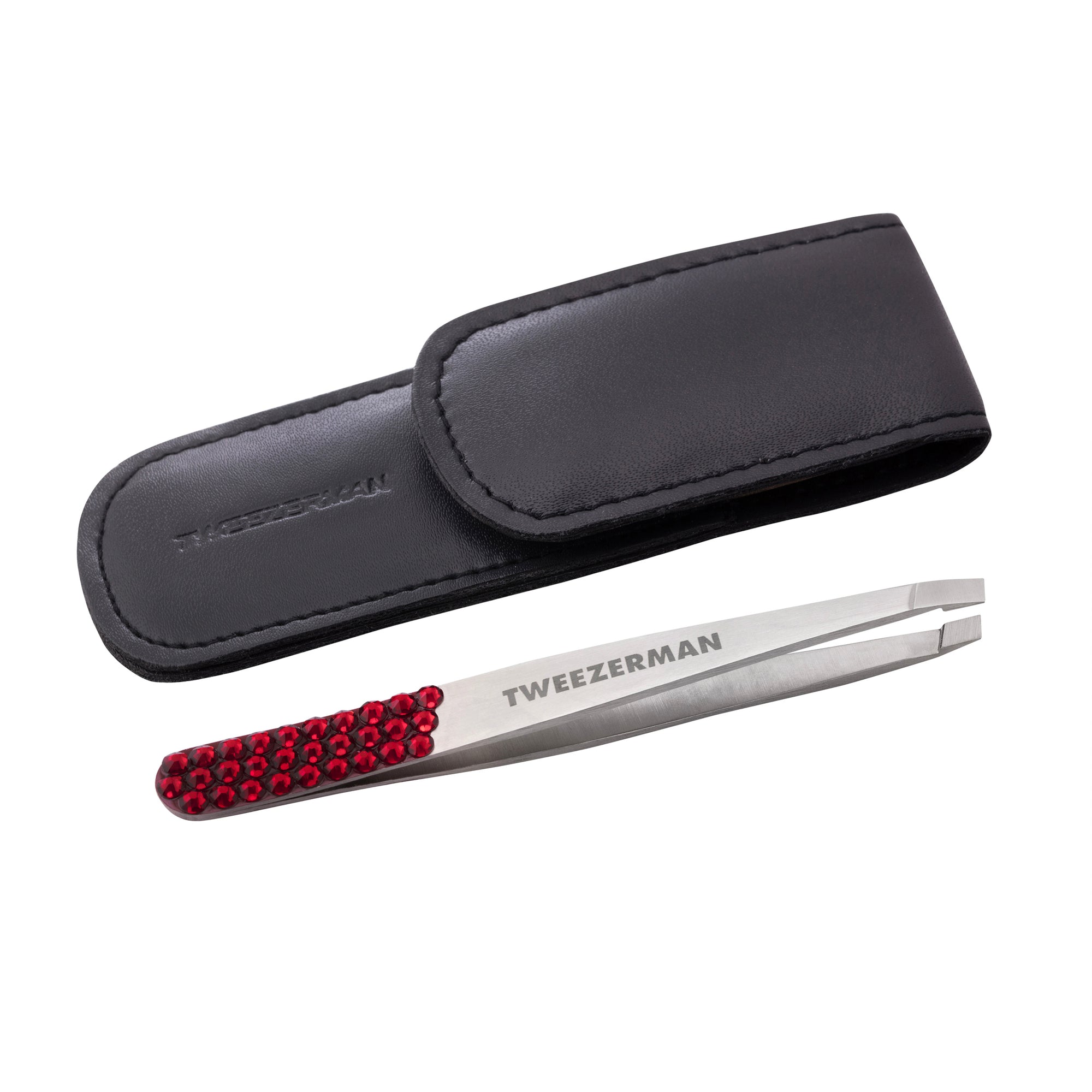 The Devil Wears Prada 2 Crystal Slant Tweezer placed next to its case