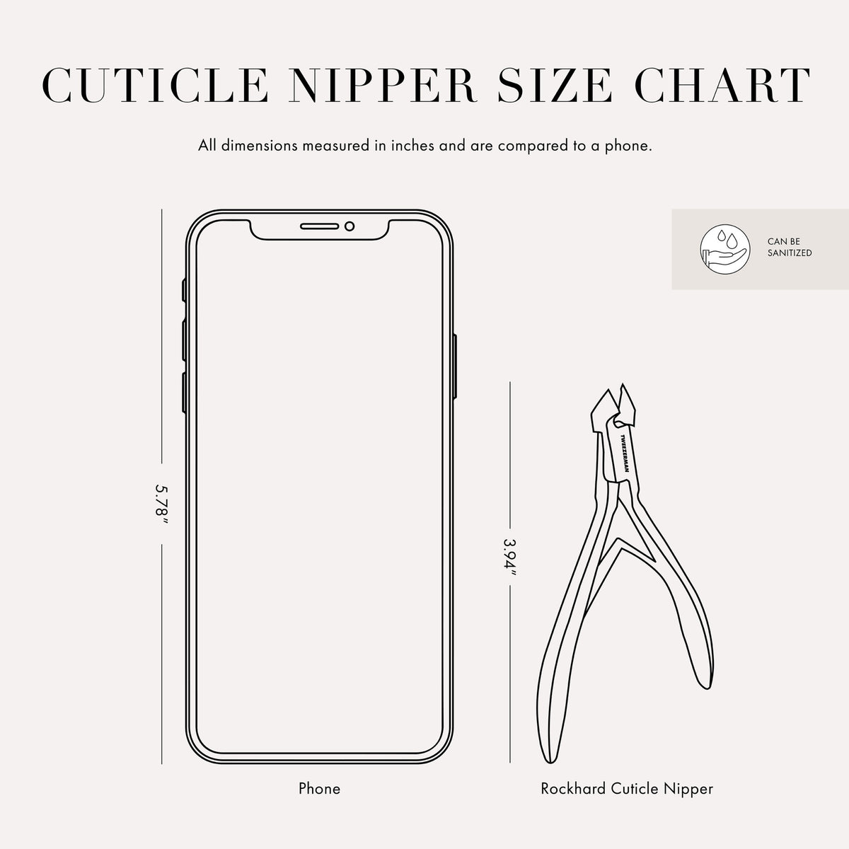 Cuticle Nipper Size Chart: All dimensions measured in inches and are compared to a phone. Phone size is 5.78 inches. Rockhard Cuticle Nipper size is 3.94 inches. Item can be sanitized.