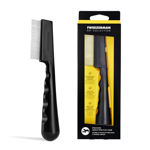 Pet Precision Single Row Flea Comb displayed in the package and out of the package