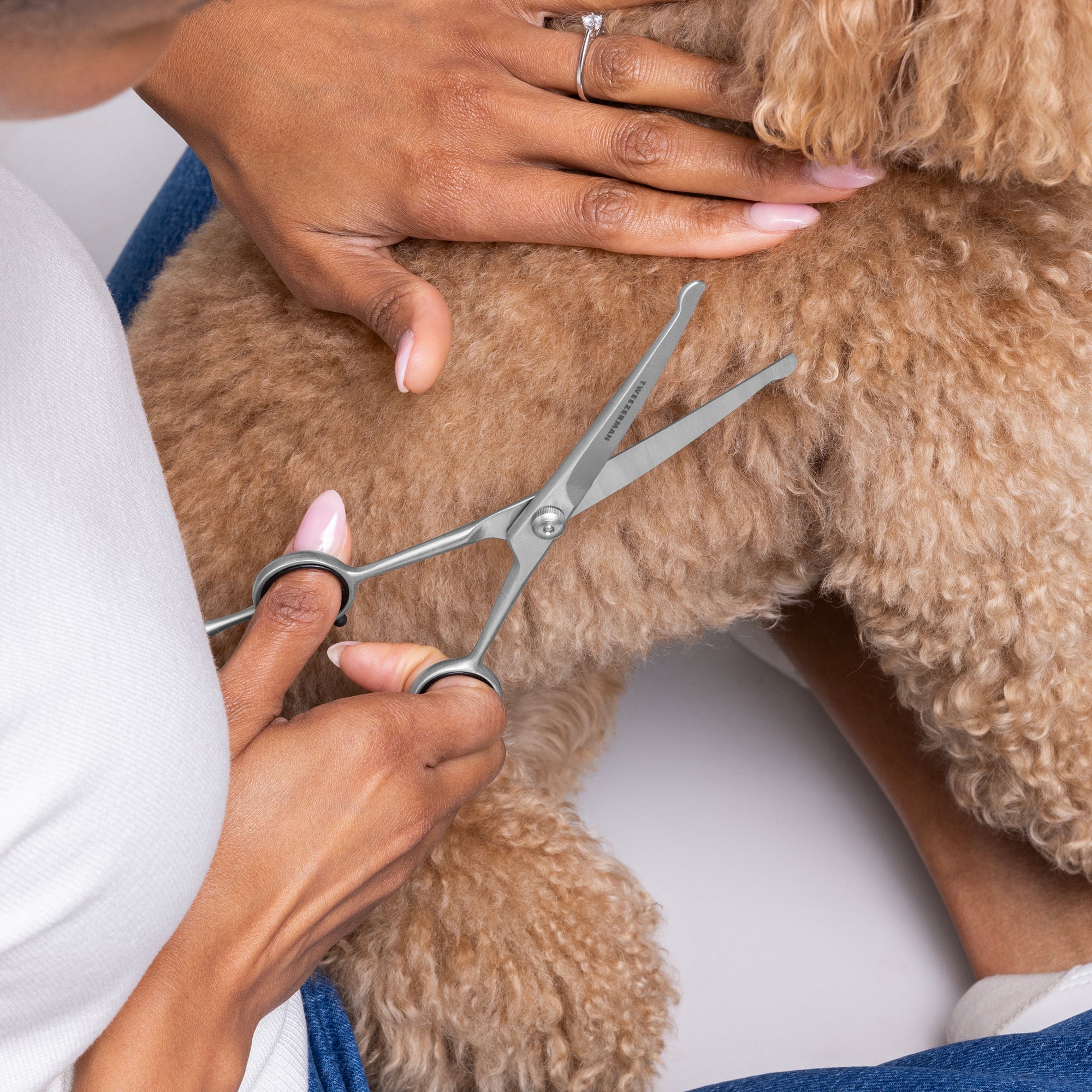 Model is holding dog&#39;s fur back with one hand and other hand is using Curved Grooming Shears 7&quot; to trim fur