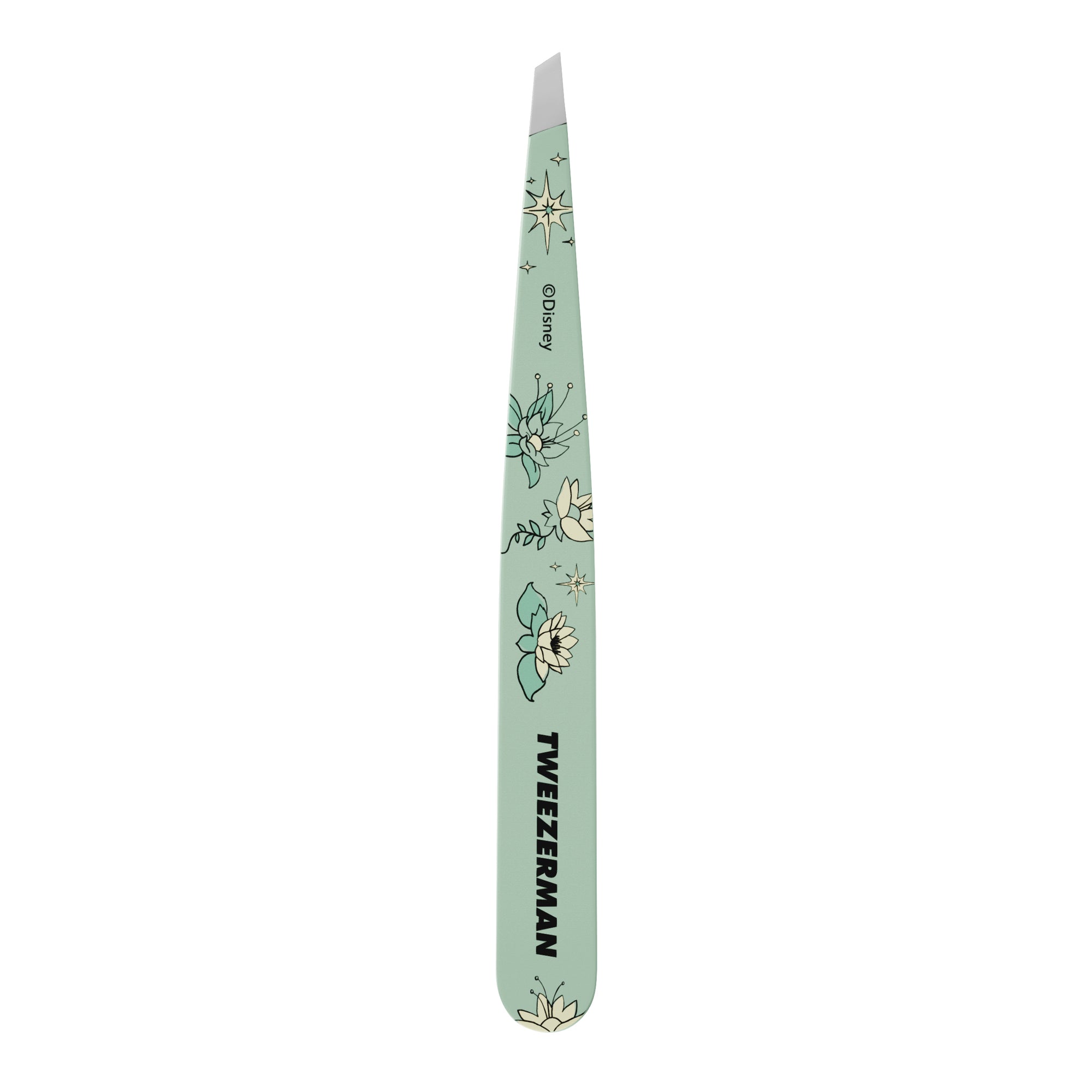 Reverse side of Disney&#39;s Tiana Slant Tweezer, tweezer color is green with image of flowers