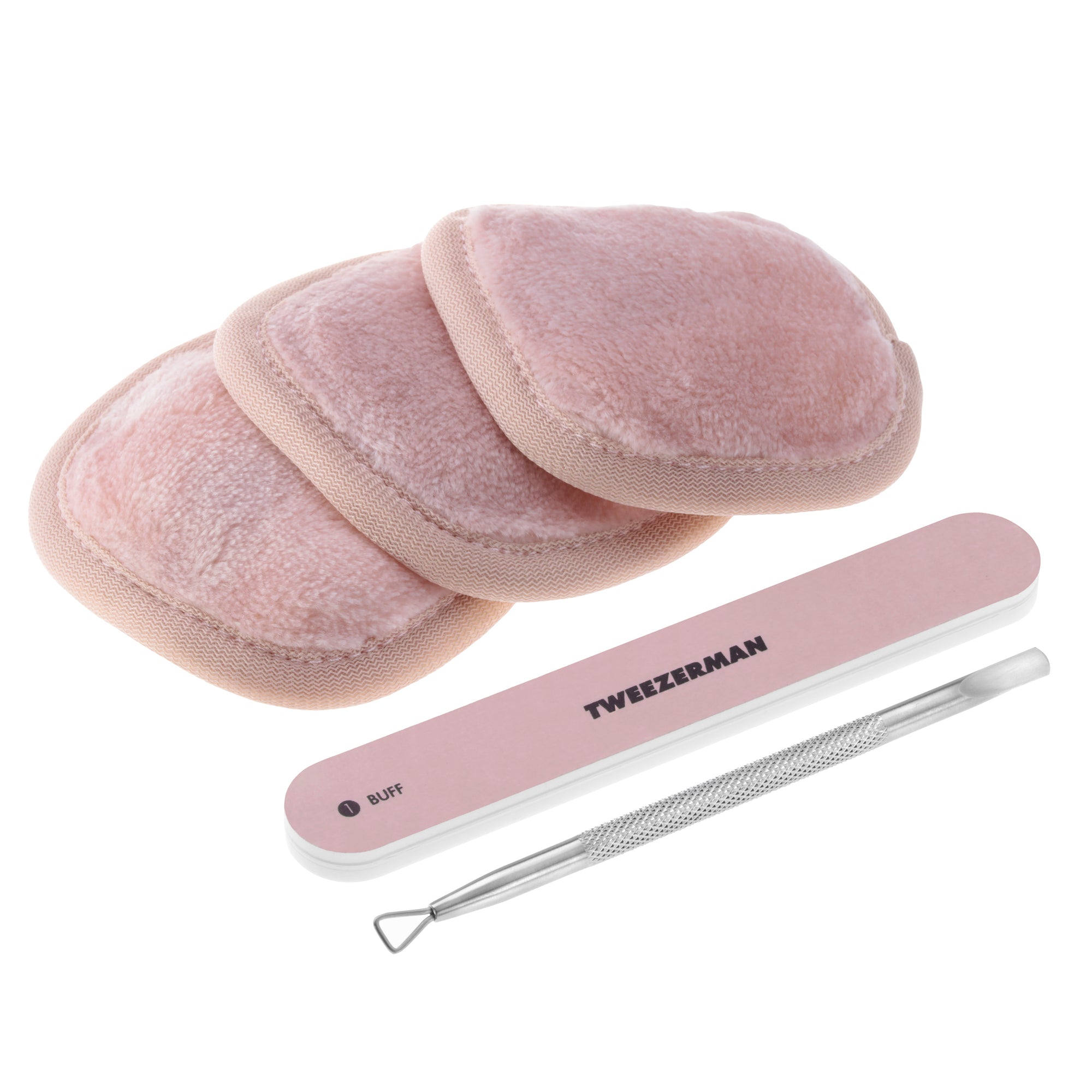 3 reusable pink polish removal pads, 1 pink Nail Buffer, and 1 stainless steel dual ended Polish Removal Pushy