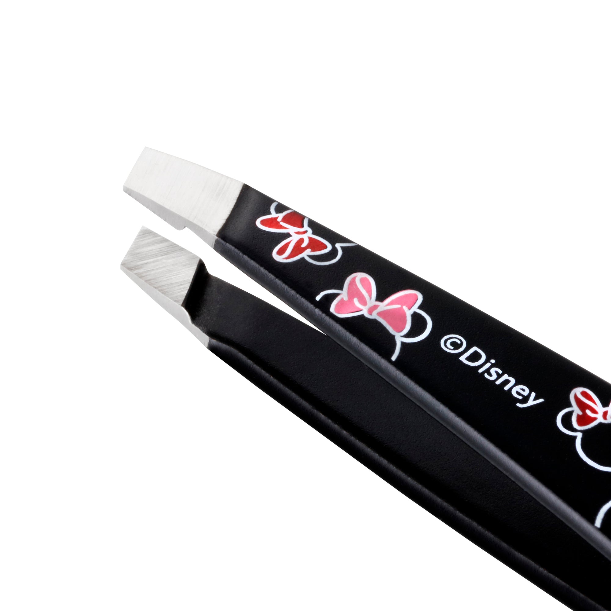 Stainless Steel Tip of Black Mini Slant Tweezer with Minnie heads and pink bows