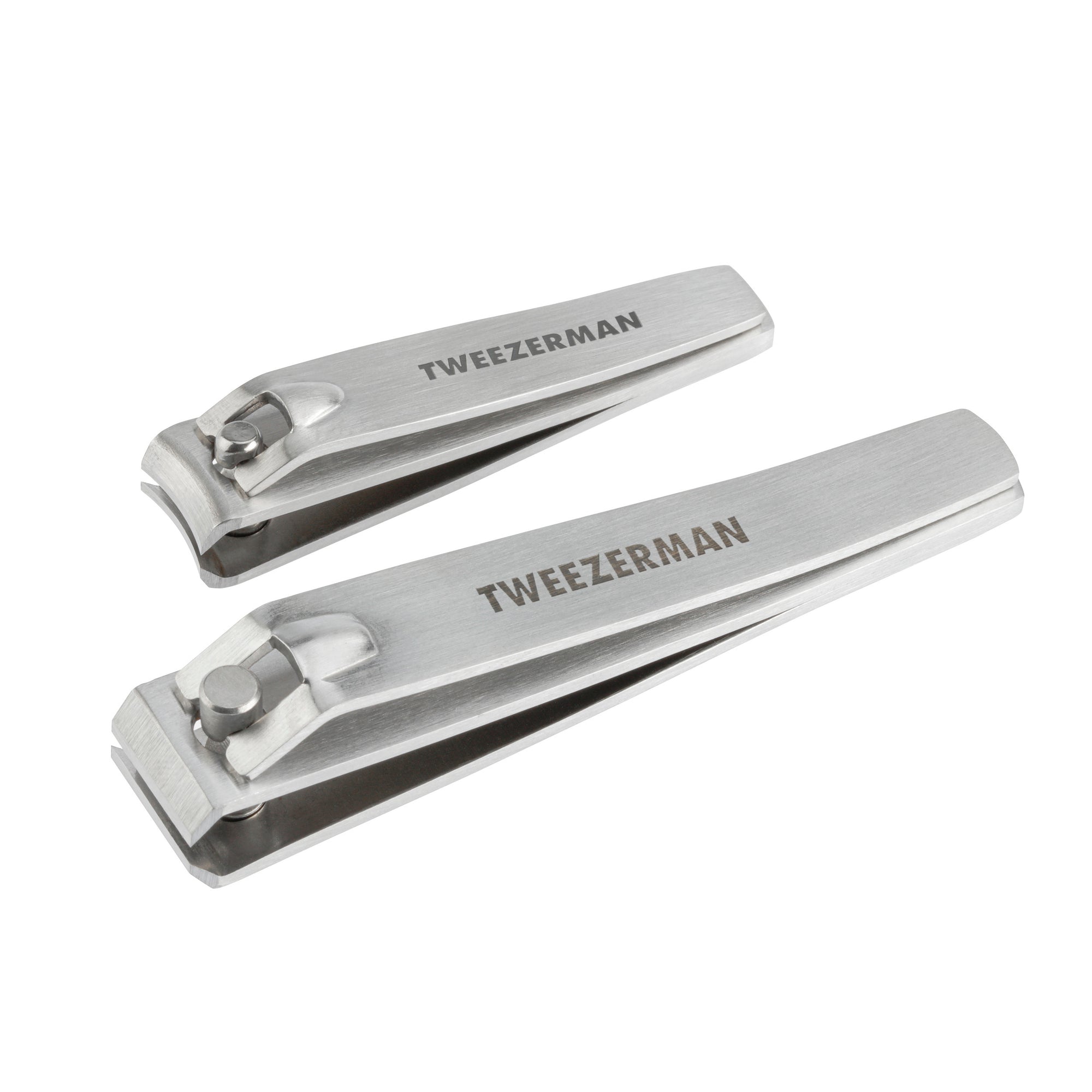 Stainless steel fingernail clipper next to stainless steel toenail clipper