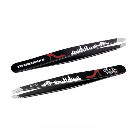 Black Slant Tweezer with the Devil Wears Prada 2 design and logo on it on a white background