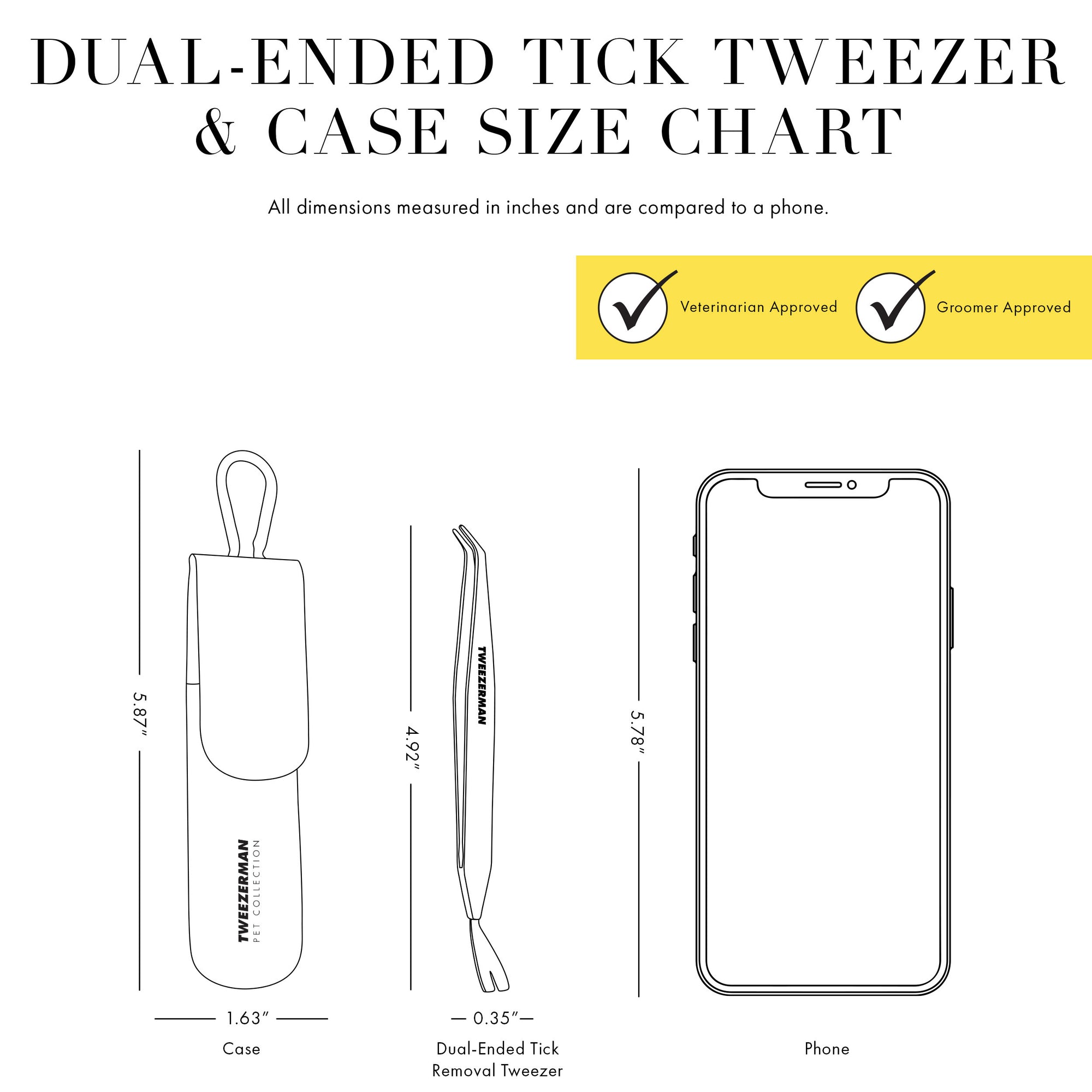 Dual-Ended Tick Tweezer and Case Size Chart: All dimensions are measured in inches and are compared to a phone. Veterinarian Approved. Groomer Approved. Tweezerman Pet Collection Case: 5.87" x 1.63" Tweezerman Dual-Ended Tick Removal Tweezer: 4.92" x 0.35" Phone: 5.78"