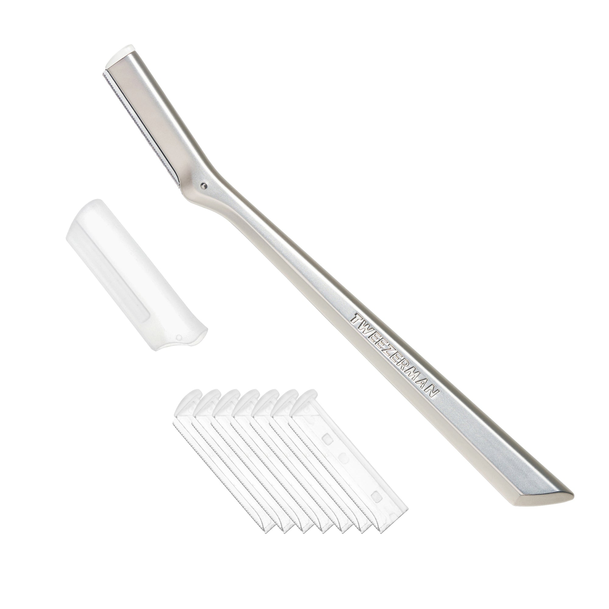 Facial Razor placed on a white background with 7 additional blades and with its cap
