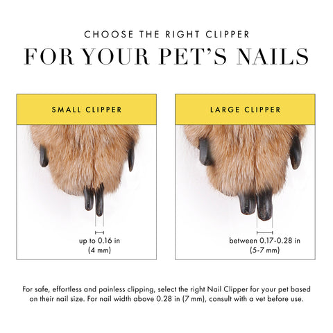 Choose the right clipper for your pet's nails small clipper- nails up to .16 in. Large clipper between .17-.28 in. For safe effortless and painless clipping select the right nail clipper for your pet based on their nail size. For nail width above 0.28 consult with a vet before use.